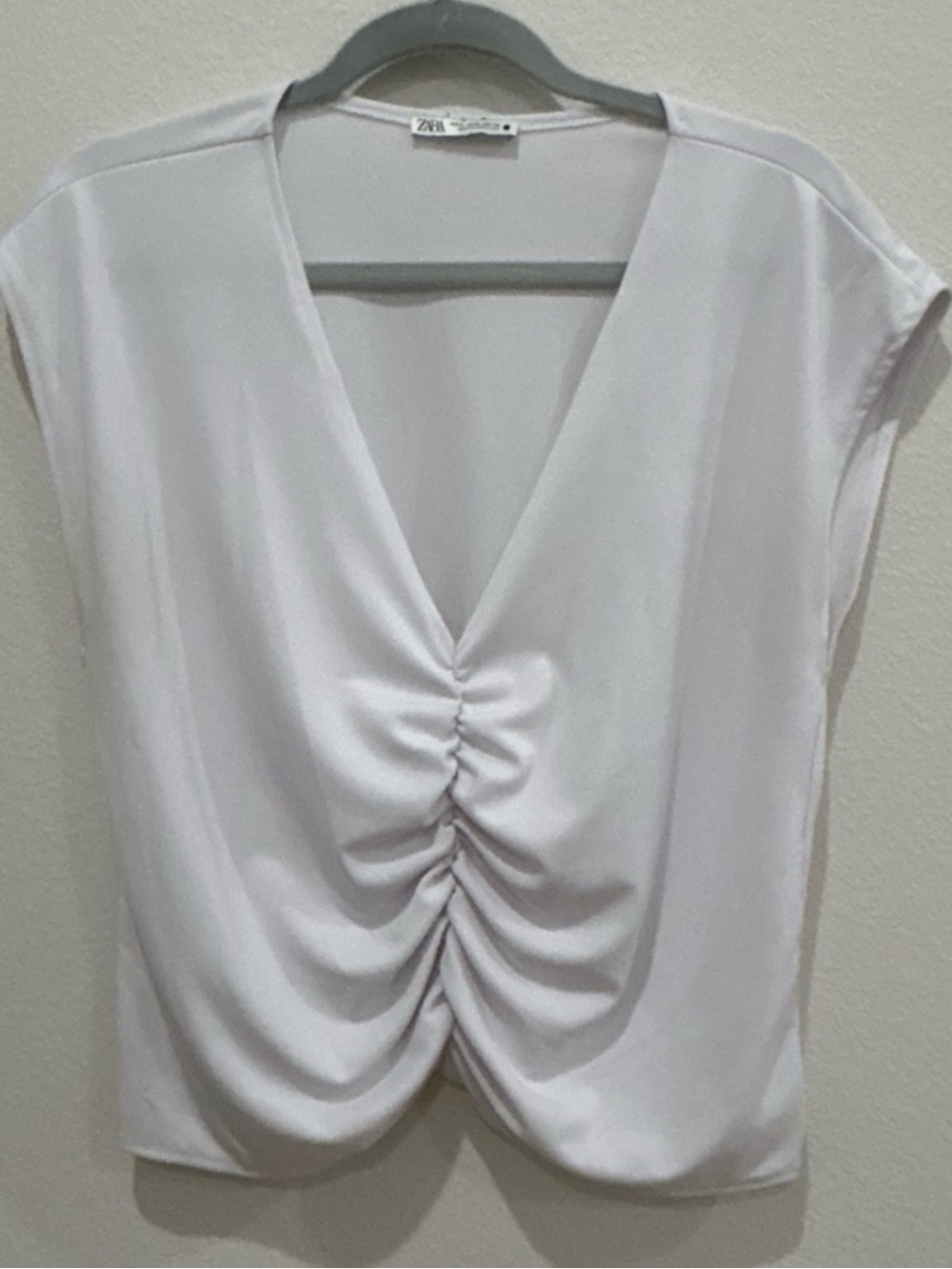 Zara White V-Neck Ruched Front Cap-Sleeve Blouse